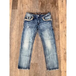 Rock Revival Rexford Slim Straight Jeans Mens 34 Blue Distressed TE9437SJ206